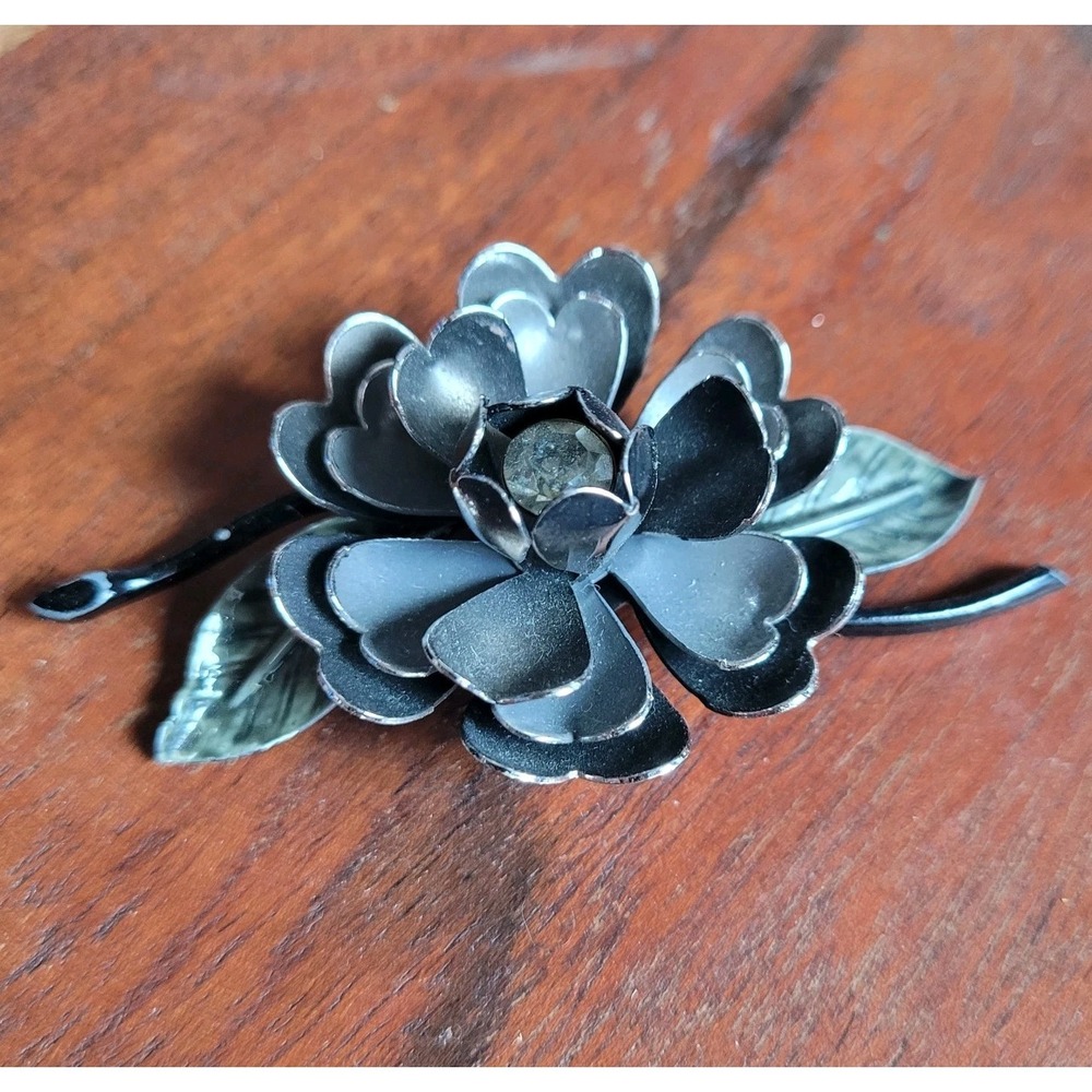 Coro Vintage Enamel Brooch Gothic Floral Pin Black & Silver Gray 1950s Botanical